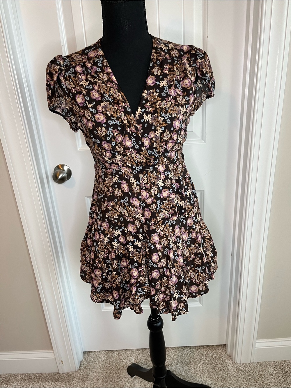 Olivaceous Brown Floral Romper with Purple & Cream Accents